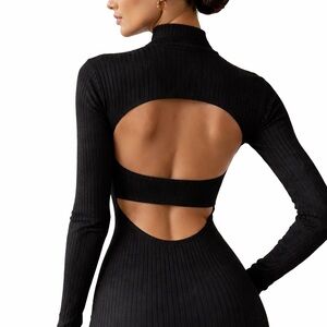 Open Back Mock Neck Black Midi Dress - Architectural Ribbed